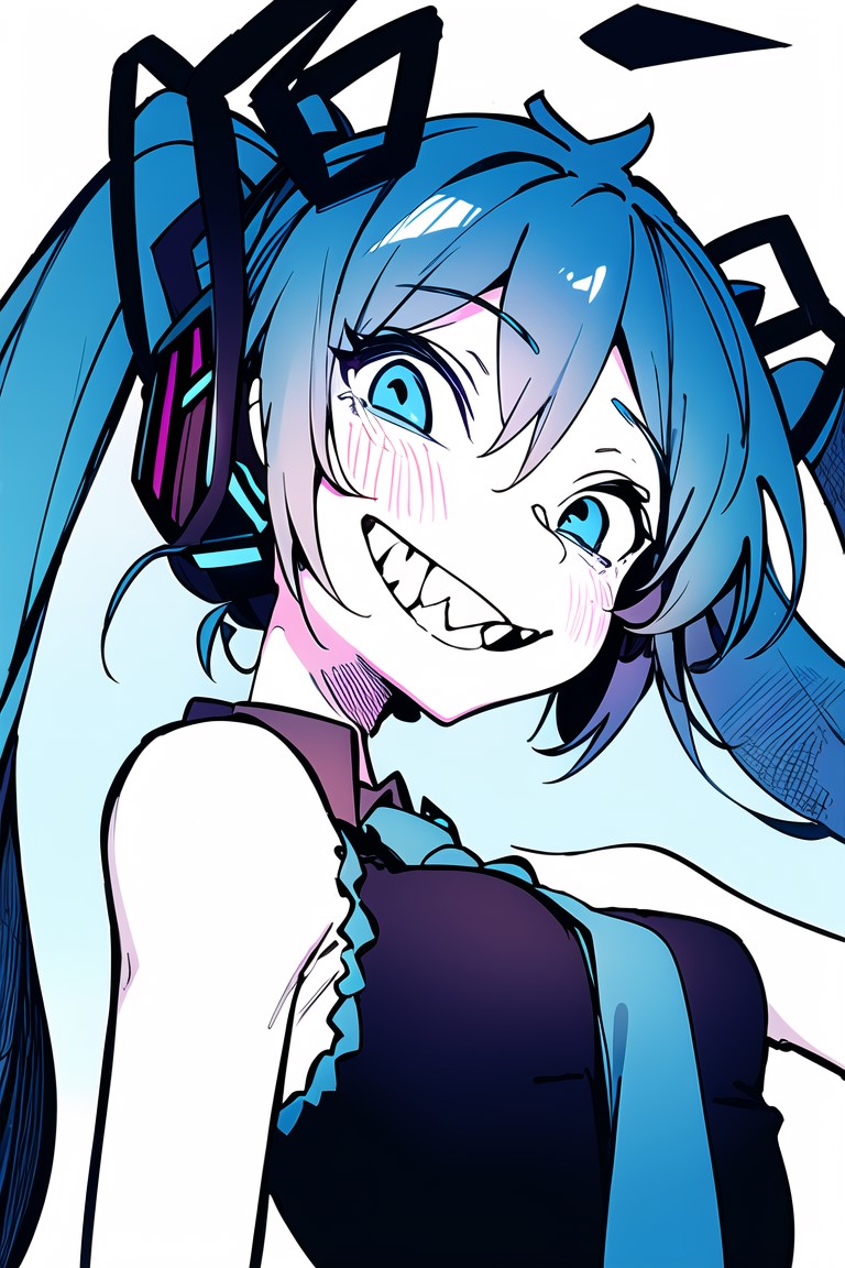 23296-2281909301-masterpiece, 1girl, , hatsune miku, smile, close-up, upper body, (monochrome_0.8), blue taint, sharp teeth,.png